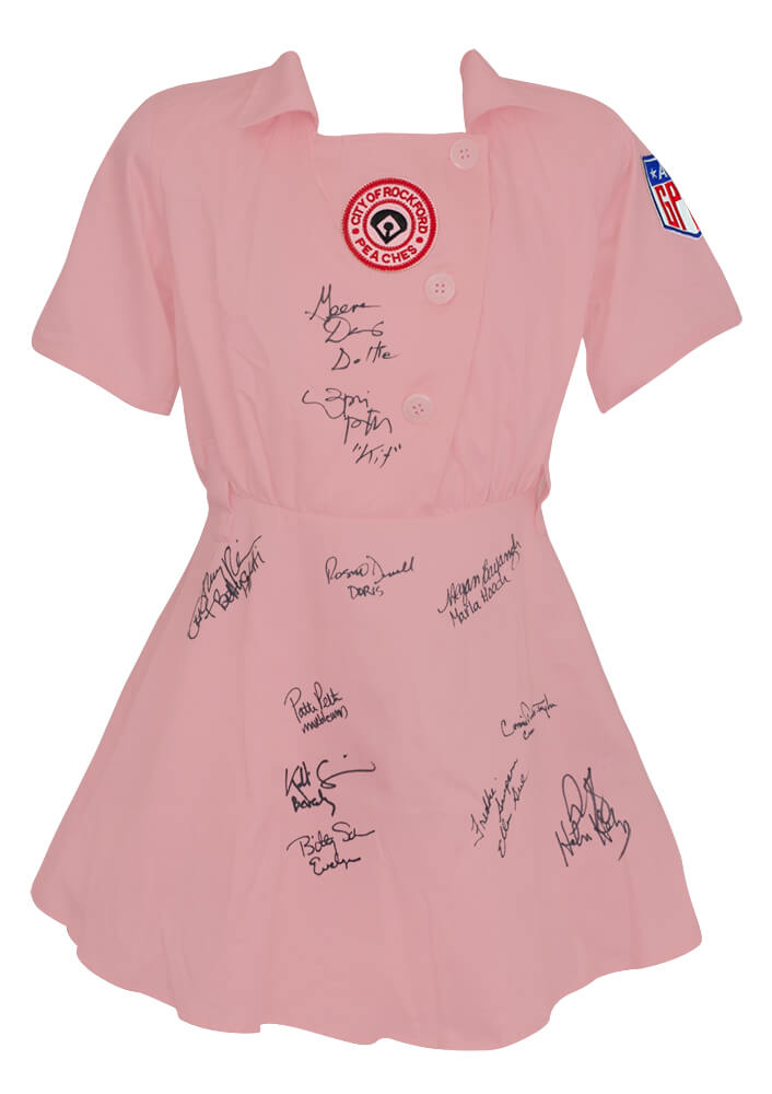 A League Of Their Own Cast Signed Rockford Peaches Pink Costume Baseball Jersey (11 Signatures - w/Character Names) - LEAJRY501 - A League Of Their Own Cast Signed Rockford Peaches Pink Costume Baseball Jersey (11 Signatures - w/Character Names) product image