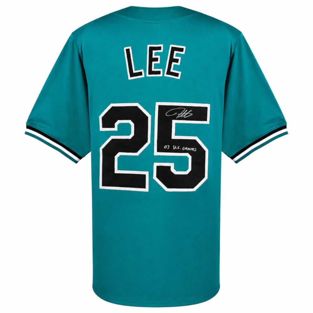 Derrek Lee Signed Teal Throwback Custom Baseball Jersey w/03 WS Champs - LEEJRY102 - Derrek Lee Signed Teal Throwback Custom Baseball Jersey w/03 WS Champs product image