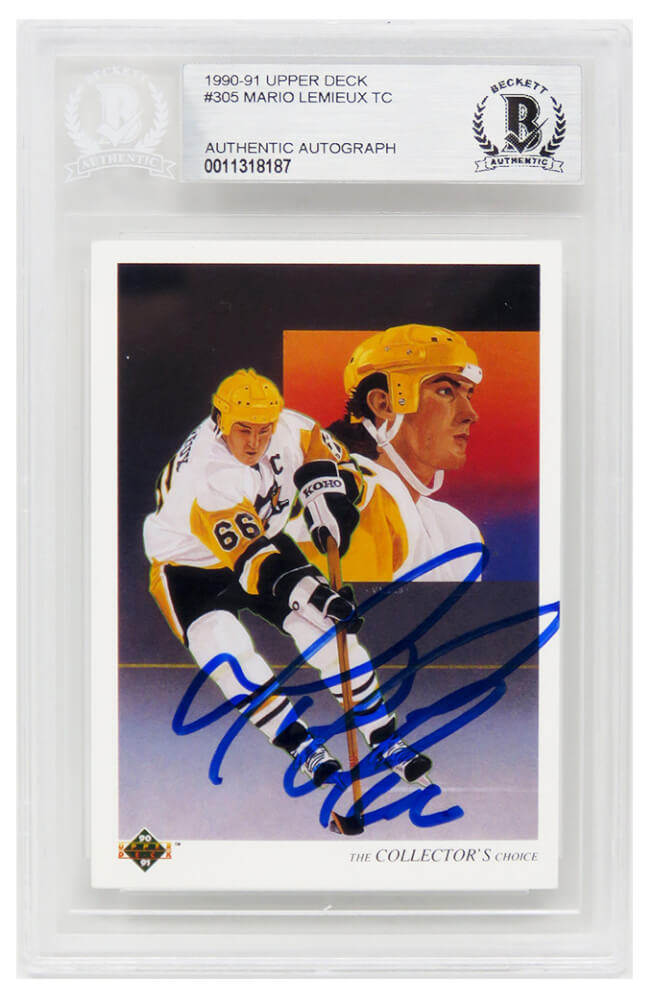 Mario Lemieux Signed Pittsburgh Penguins 1990-91 Upper Deck Hockey Trading Card #305 (Beckett Encapsulated) - LEMCAR400 - Mario Lemieux Signed Pittsburgh Penguins 1990-91 Upper Deck Hockey Trading Card #305 (Beckett Encapsulated) product image