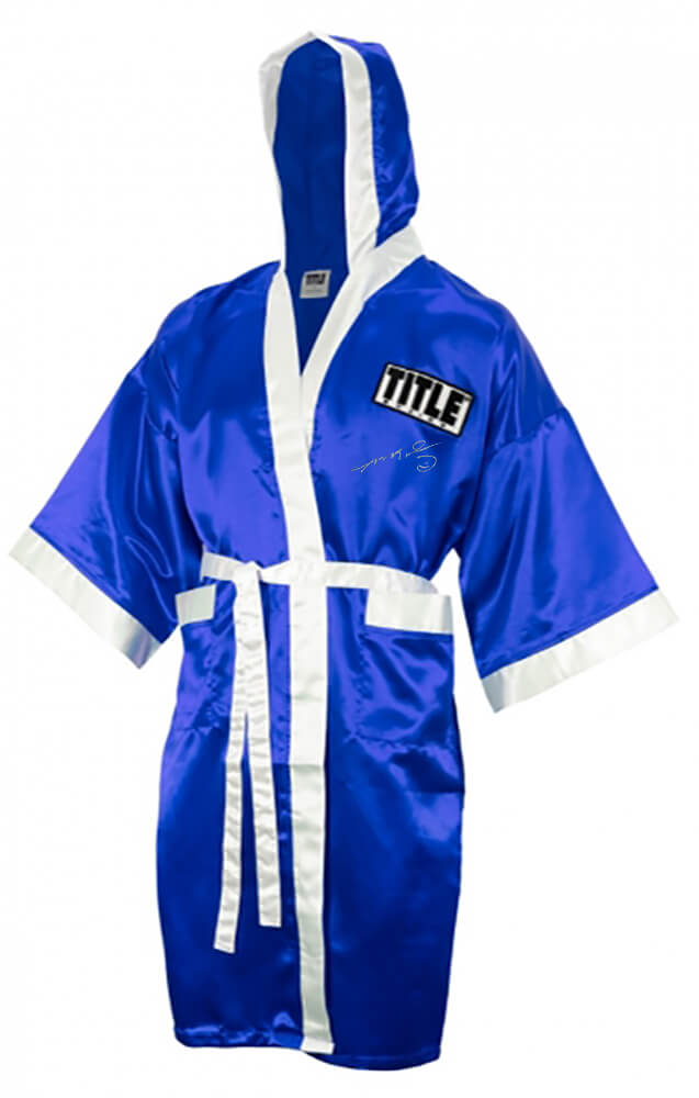 Sugar Ray Leonard Signed Title Blue With White Trim Boxing Robe With Hood - LEOROB500 - Sugar Ray Leonard Signed Title Blue With White Trim Boxing Robe With Hood product image