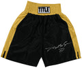 Sugar Ray Leonard Signed Title Black With Gold Trim Boxing Trunks - LEOTRU501 - Sugar Ray Leonard Signed Title Black With Gold Trim Boxing Trunks product image