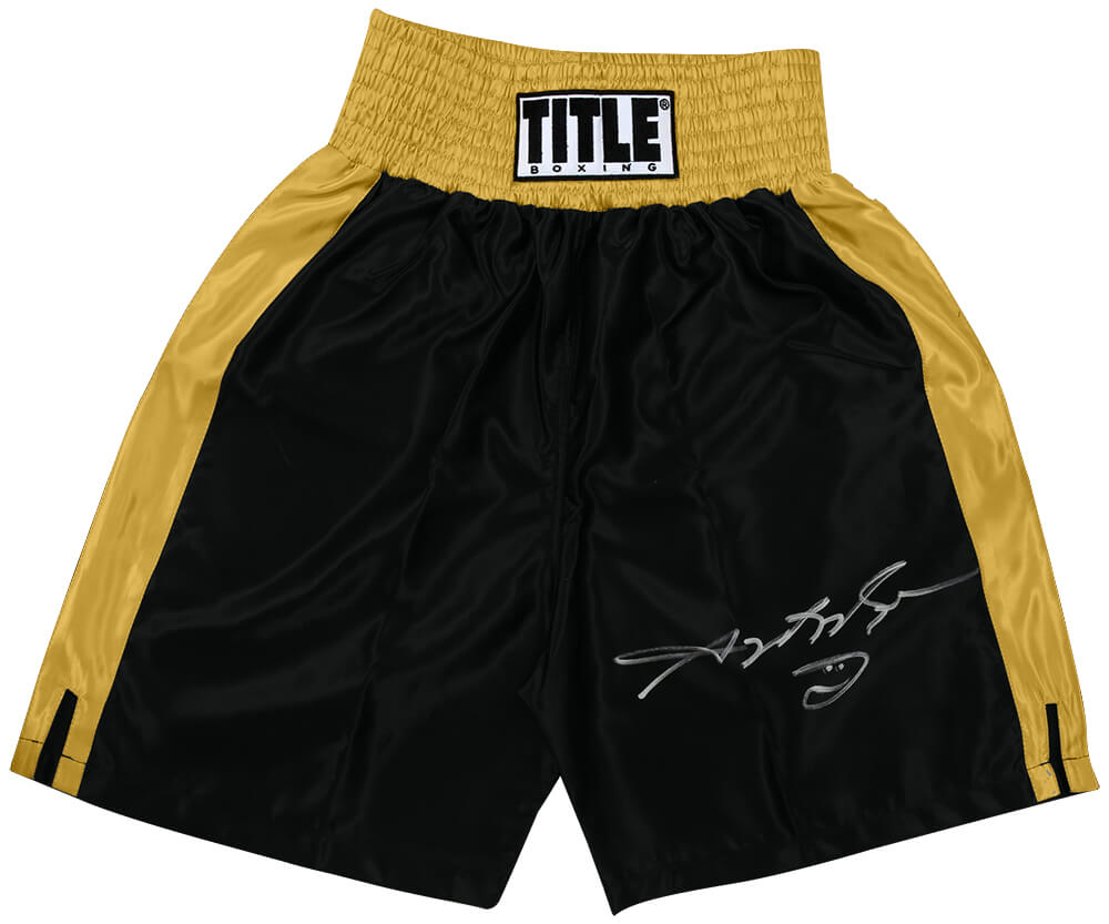 Sugar Ray Leonard Signed Title Black With Gold Trim Boxing Trunks - LEOTRU501 - Sugar Ray Leonard Signed Title Black With Gold Trim Boxing Trunks product image