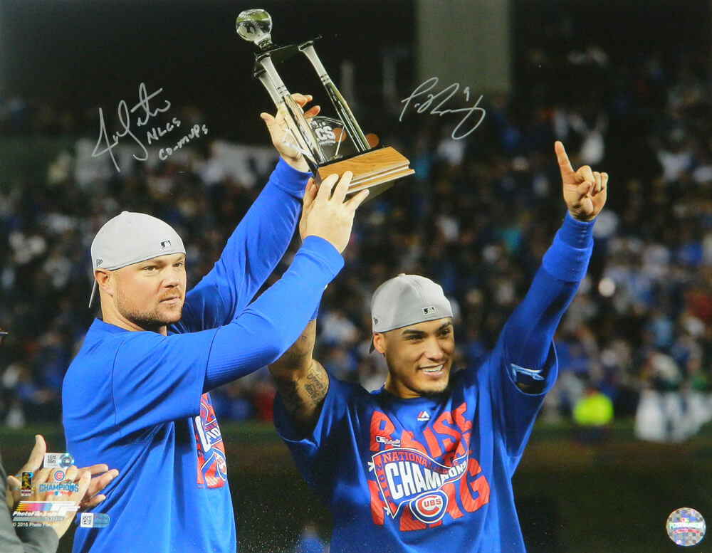 Jon Lester & Javier Baez Dual Signed Chicago Cubs 2016 NLCS Holding MVP Trophy 16x20 Photo w/NLCS Co-MVP's - LES16P111 - Jon Lester & Javier Baez Dual Signed Chicago Cubs 2016 NLCS Holding MVP Trophy 16x20 Photo w/NLCS Co-MVP's product image