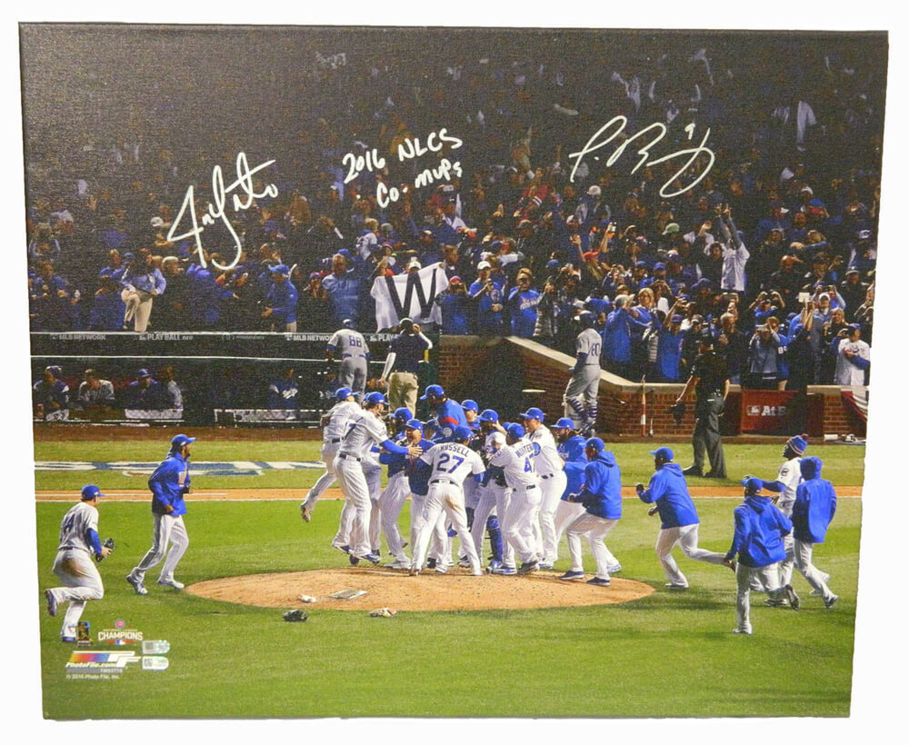 Jon Lester & Javier Baez Dual Signed Chicago Cubs 2016 NLCS Wrigley Field Team Celebration 20x24 Canvas w/2016 NLCS Co MVP's - LESCAN100 - Jon Lester & Javier Baez Dual Signed Chicago Cubs 2016 NLCS Wrigley Field Team Celebration 20x24 Canvas w/2016 NLCS Co MVP's product image