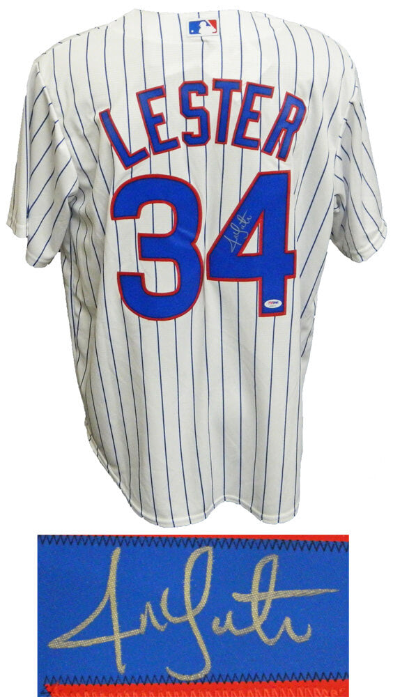 Jon Lester Signed Chicago Cubs White Pinstripe Majestic Replica Jersey - LESJRY100 - Jon Lester Signed Chicago Cubs White Pinstripe Majestic Replica Jersey product image