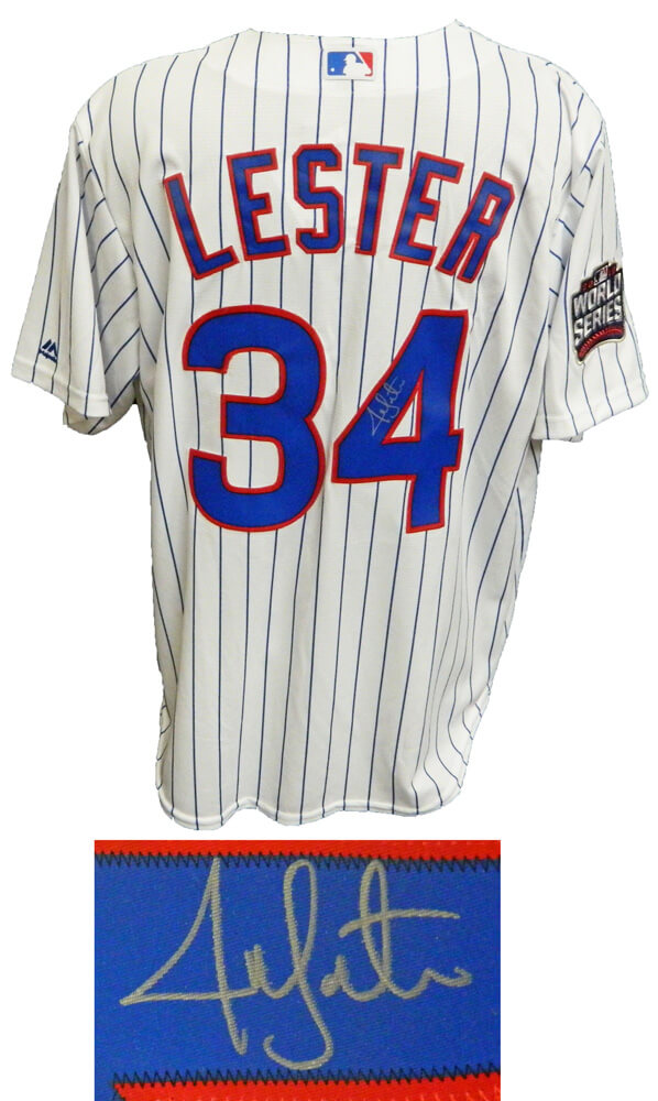 Jon Lester Signed Chicago Cubs White Pinstripe 2016 World Series Patch Majestic Jersey - LESJRY101 - Jon Lester Signed Chicago Cubs White Pinstripe 2016 World Series Patch Majestic Jersey product image