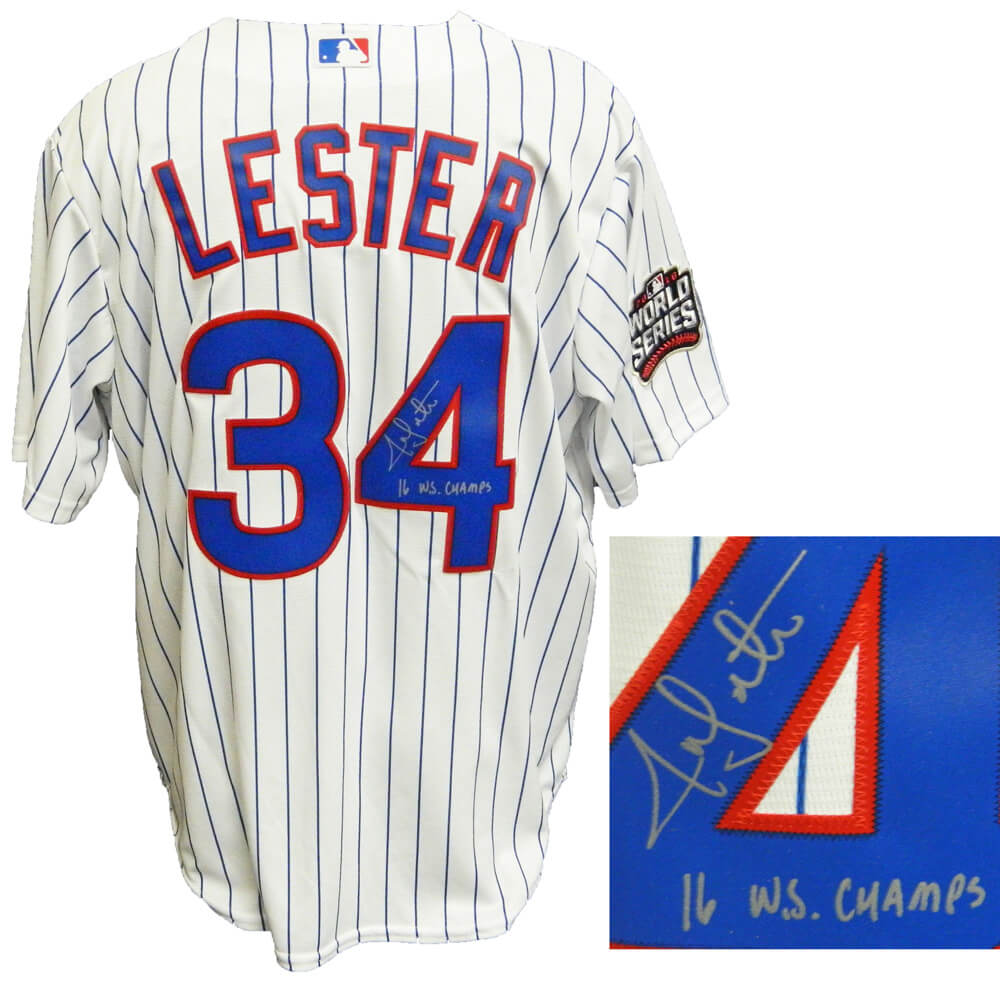 Jon Lester Signed Chicago Cubs White Pinstripe 2016 World Series Patch Majestic Jersey w/16 WS Champs - LESJRY102 - Jon Lester Signed Chicago Cubs White Pinstripe 2016 World Series Patch Majestic Jersey w/16 WS Champs product image