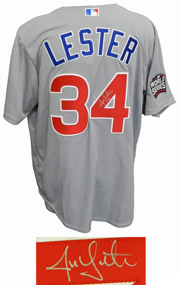 Jon Lester Signed Chicago Cubs Grey 2016 World Series Sleeve Patch Majestic Jersey - LESJRY104 - Jon Lester Signed Chicago Cubs Grey 2016 World Series Sleeve Patch Majestic Jersey product image