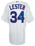 Jon Lester Signed Chicago Cubs White Pinstripe Majestic Replica Baseball Jersey w/16 WS Champs - LESJRY106 - Jon Lester Signed Chicago Cubs White Pinstripe Majestic Replica Baseball Jersey w/16 WS Champs product image