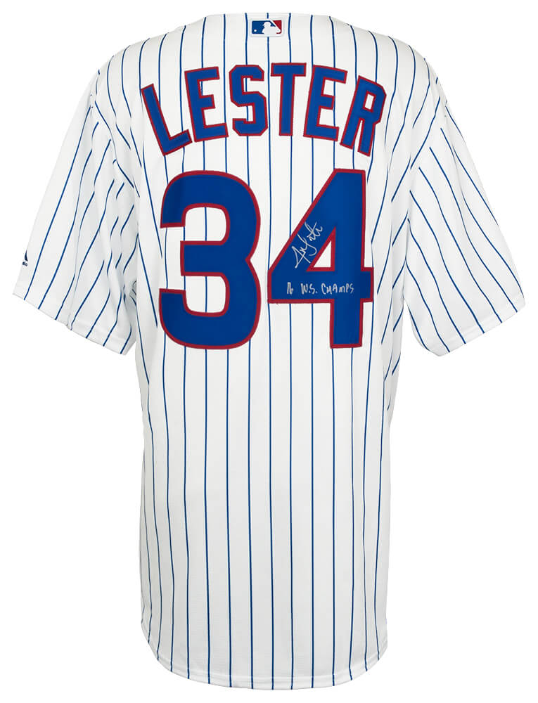 Jon Lester Signed Chicago Cubs White Pinstripe Majestic Replica Baseball Jersey w/16 WS Champs - LESJRY106 - Jon Lester Signed Chicago Cubs White Pinstripe Majestic Replica Baseball Jersey w/16 WS Champs product image