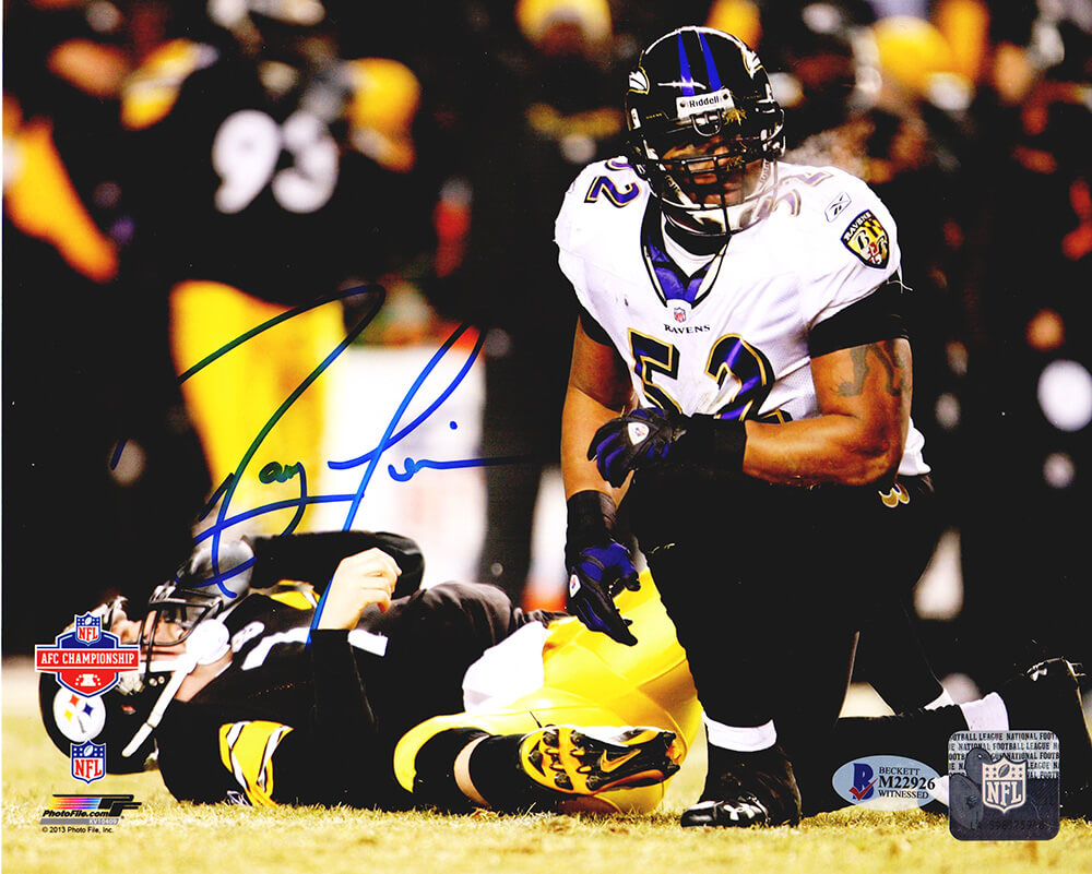 Ray Lewis Signed Baltimore Ravens AFC Championship Game vs Steelers 8x10 Photo (Beckett) - LEW08P320 - Ray Lewis Signed Baltimore Ravens AFC Championship Game vs Steelers 8x10 Photo (Beckett) product image