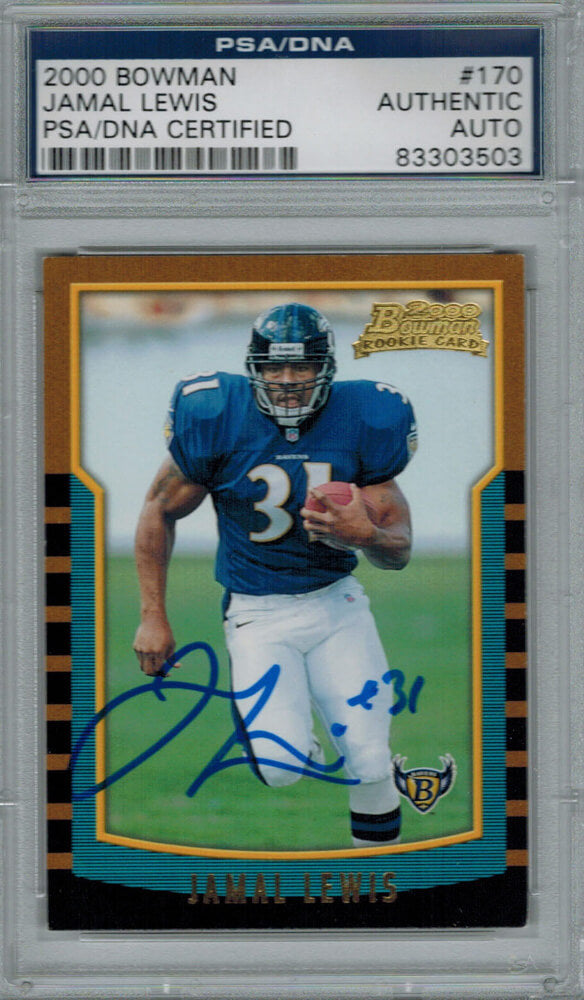 Jamal Lewis Signed Ravens 2000 Bowman Rookie Card #170 PSA/DNA - LEWCAR300 - Jamal Lewis Signed Ravens 2000 Bowman Rookie Card #170 PSA/DNA product image