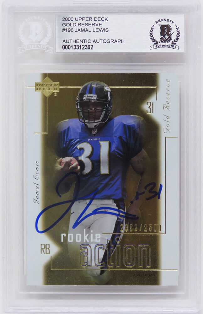Jamal Lewis Signed Baltimore Ravens 2000 Upper Deck Gold Reserve Rookie Card #196 - (Beckett Encapsulated) - LEWCAR302 - Jamal Lewis Signed Baltimore Ravens 2000 Upper Deck Gold Reserve Rookie Card #196 - (Beckett Encapsulated) product image