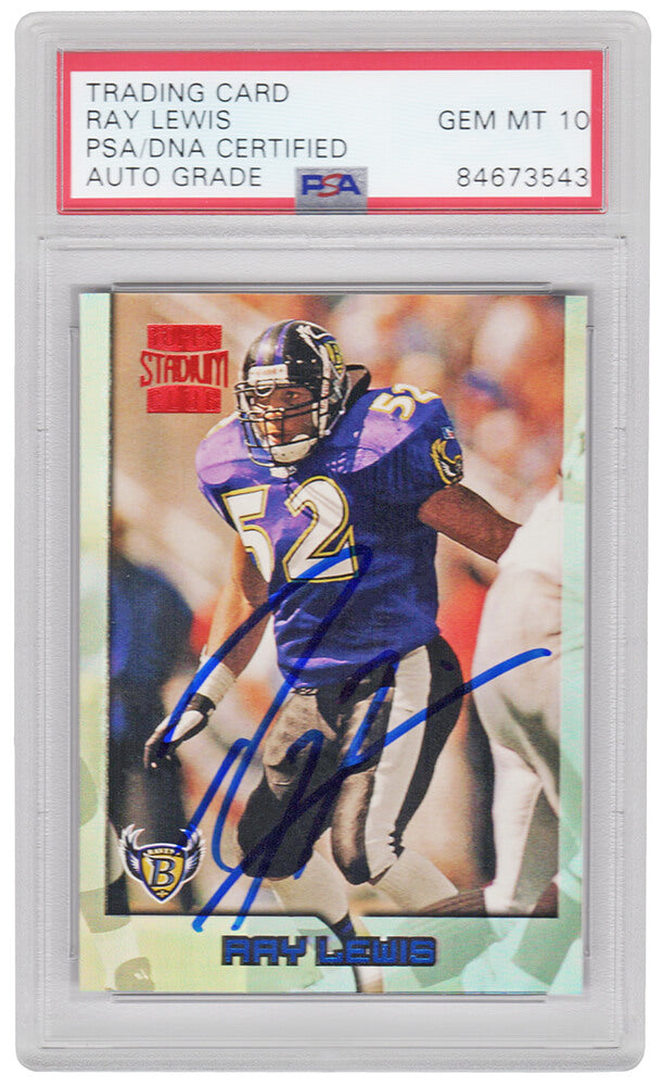 Ray Lewis Signed Baltimore Ravens 1996 Topps Stadium Club Football Rookie Card #351 (PSA Encapsulated - Auto Grade 10) - LEWCAR321 - Ray Lewis Signed Baltimore Ravens 1996 Topps Stadium Club Football Rookie Card #351 (PSA Encapsulated - Auto Grade 10) product image
