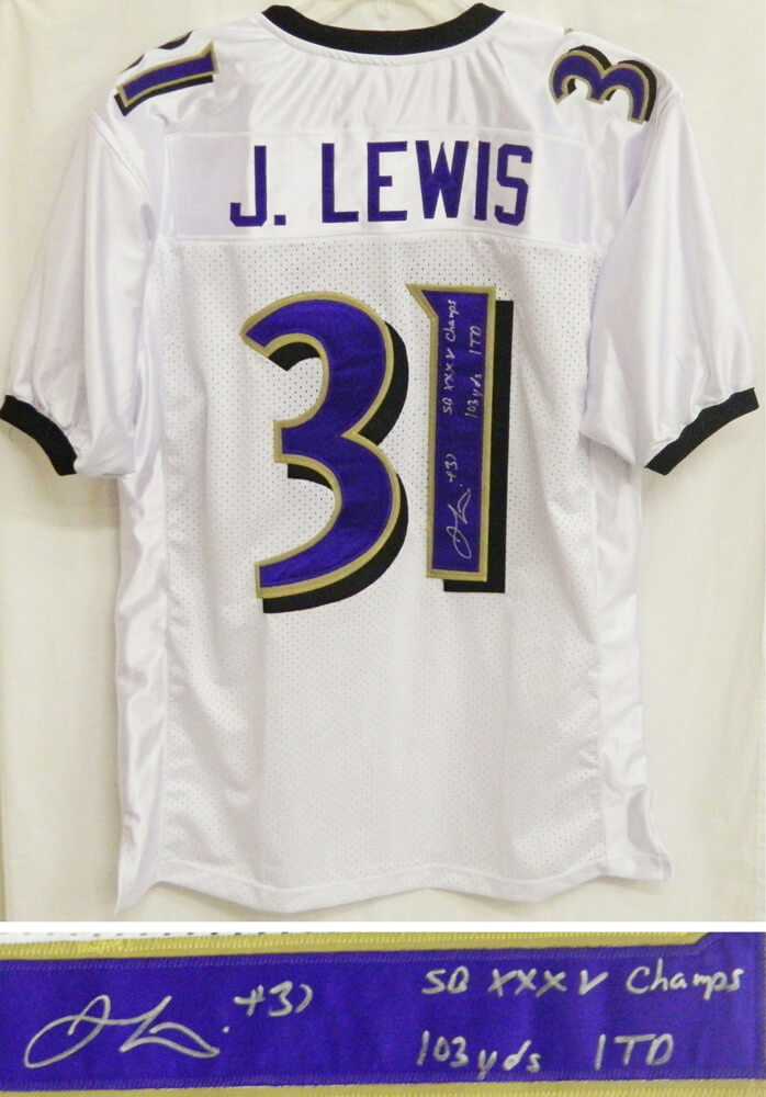 Jamal Lewis Signed White and Purple Custom Jersey w/SB XXXV Champs, 103 Yds 1 TD - LEWJRY305 - Jamal Lewis Signed White and Purple Custom Jersey w/SB XXXV Champs, 103 Yds 1 TD product image