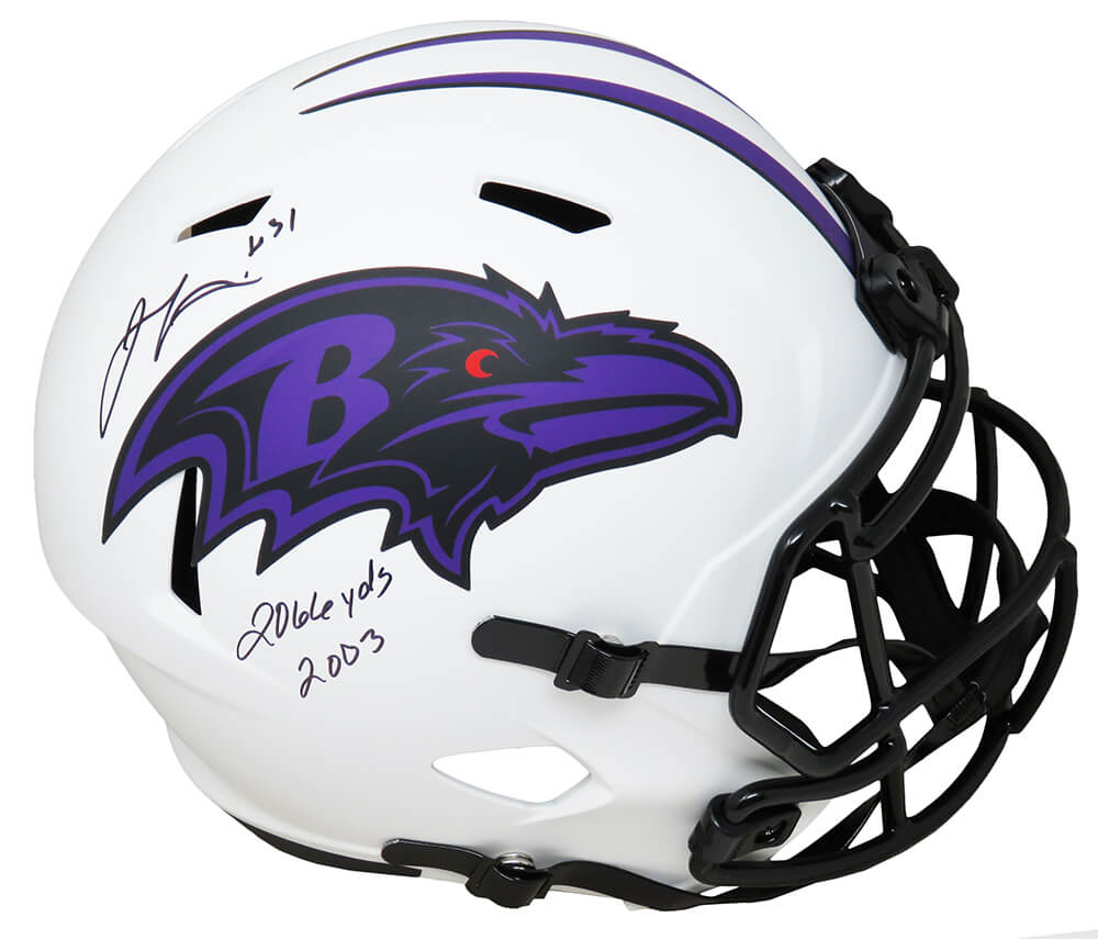 Jamal Lewis Signed Baltimore Ravens Lunar Eclipse White Matte Riddell Full Size Speed Replica Helmet w/2,066 Yards 2003 - LEWREP331 - Jamal Lewis Signed Baltimore Ravens Lunar Eclipse White Matte Riddell Full Size Speed Replica Helmet w/2,066 Yards 2003 product image