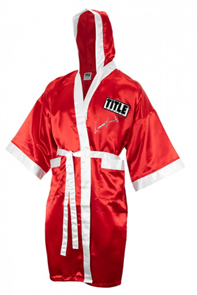 Lennox Lewis Signed Title Red Boxing Robe With Hood - LEWROB502 - Lennox Lewis Signed Title Red Boxing Robe With Hood product image