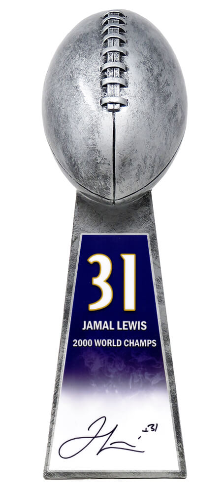 Jamal Lewis Signed Football World Champion 15 Inch Replica Silver Trophy (With #31 Sticker) - LEWTRO302 - Jamal Lewis Signed Football World Champion 15 Inch Replica Silver Trophy (With #31 Sticker) product image