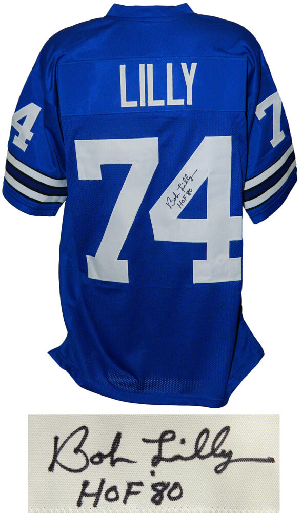 Bob Lilly Signed Blue Throwback Custom Football Jersey w/HOF '80 - LILJRY302 - Bob Lilly Signed Blue Throwback Custom Football Jersey w/HOF '80 product image