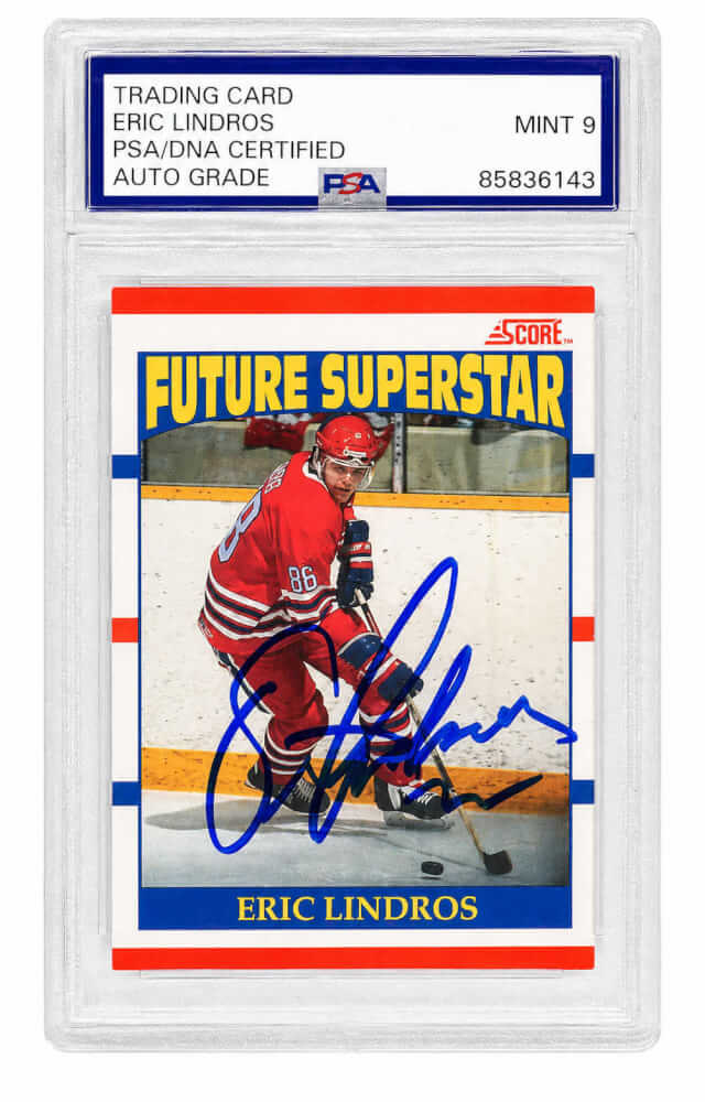 Eric Lindros Signed 1990 Score Future Superstar Rookie Hockey Card #440 - (PSA Encapsulated - Auto Grade 9) - LINCAR401 - Eric Lindros Signed 1990 Score Future Superstar Rookie Hockey Card #440 - (PSA Encapsulated - Auto Grade 9) product image