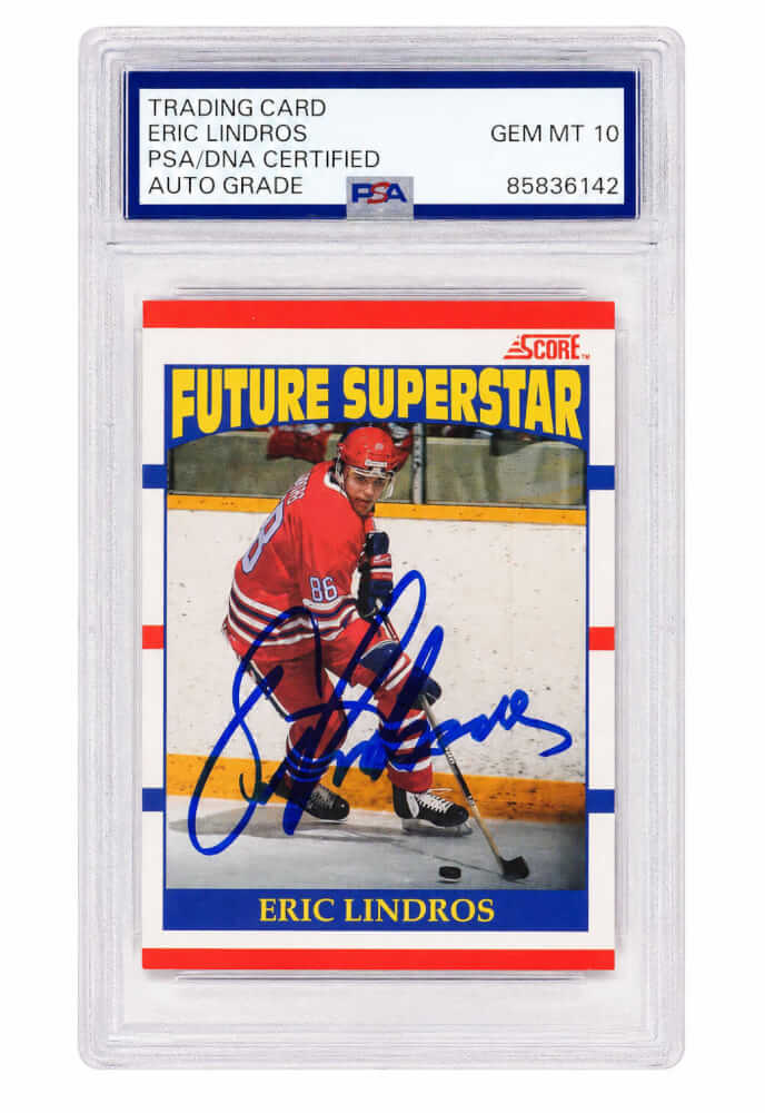 Eric Lindros Signed 1990 Score Future Superstar Rookie Hockey Card #440 - (PSA Encapsulated - Auto Grade 10) - LINCAR402 - Eric Lindros Signed 1990 Score Future Superstar Rookie Hockey Card #440 - (PSA Encapsulated - Auto Grade 10) product image