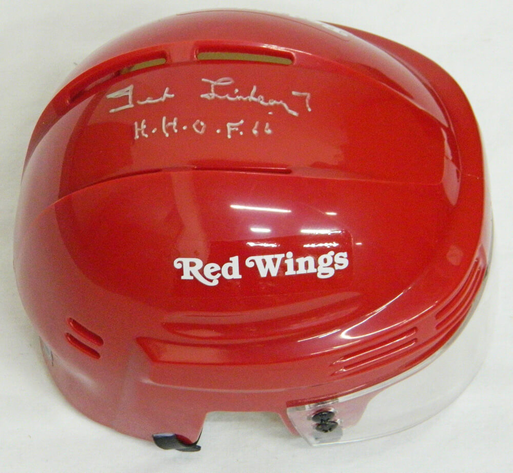 Ted Lindsay Signed Detroit Red Wings Logo Red Hockey Mini Helmet w/HHOF'66 - LINMIN400 - Ted Lindsay Signed Detroit Red Wings Logo Red Hockey Mini Helmet w/HHOF'66 product image