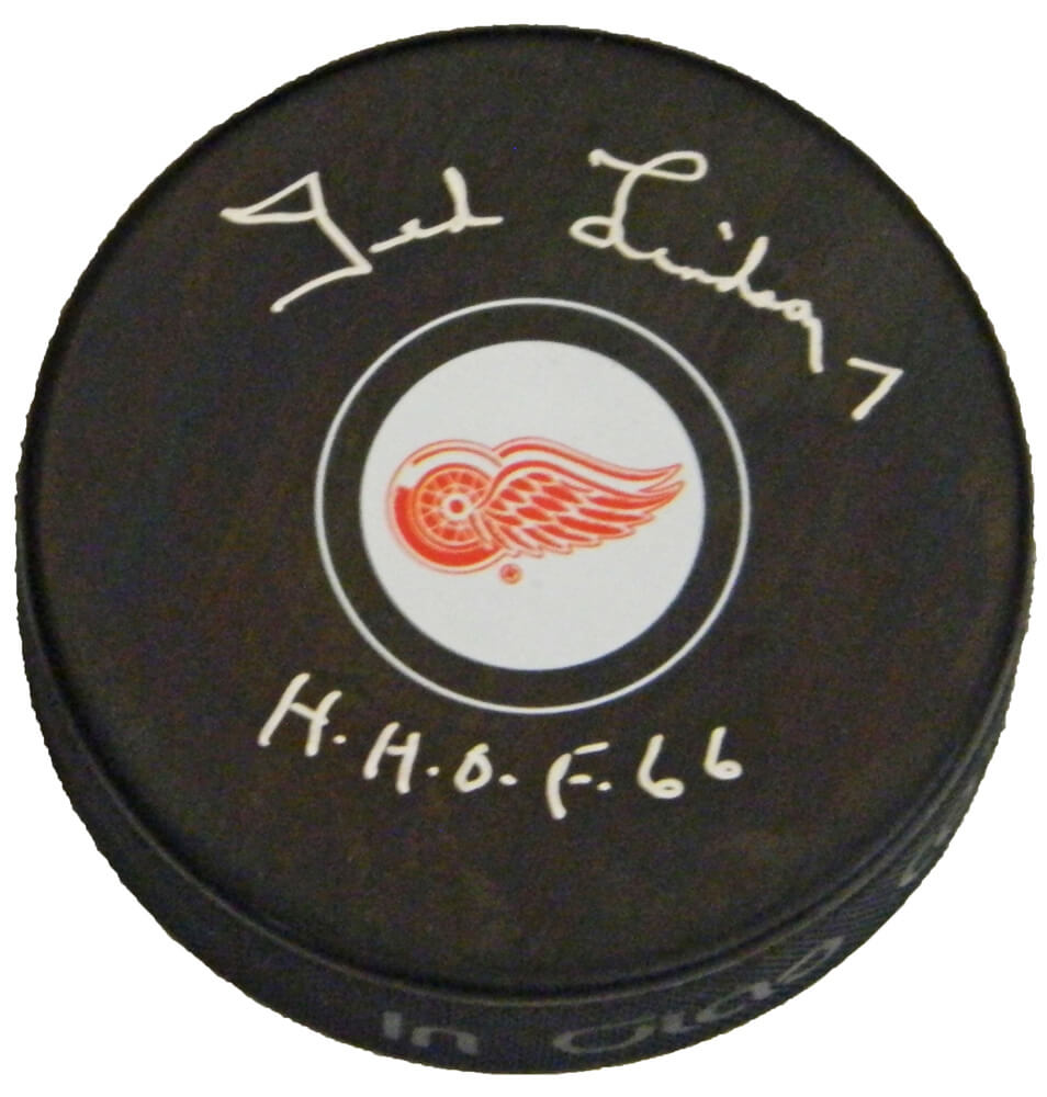 Ted Lindsay Signed Detroit Red Wings Logo Hockey Puck w/HHOF'66 - LINPUC400 - Ted Lindsay Signed Detroit Red Wings Logo Hockey Puck w/HHOF'66 product image