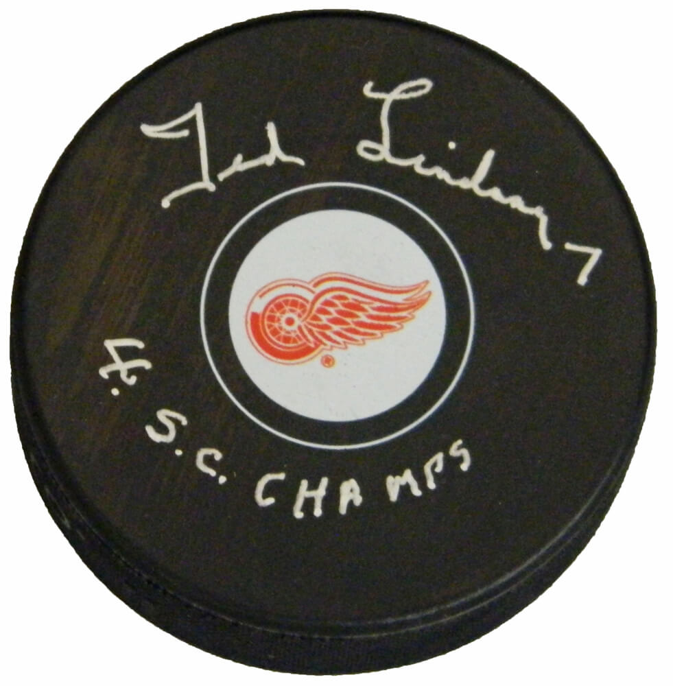 Ted Lindsay Signed Detroit Red Wings Logo Hockey Puck w/4 SC Champs - LINPUC401 - Ted Lindsay Signed Detroit Red Wings Logo Hockey Puck w/4 SC Champs product image