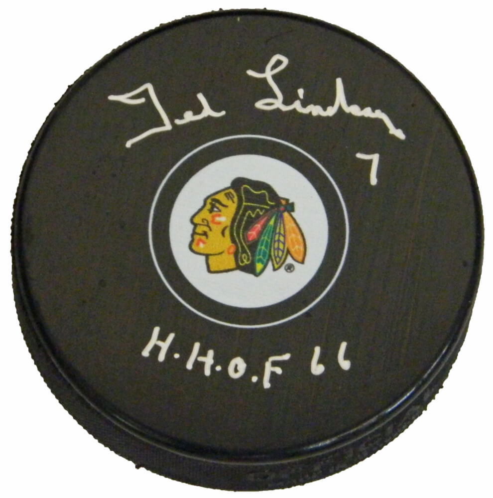 Ted Lindsay Signed Chicago Blackhawks Logo Hockey Puck w/HHOF'66 - LINPUC402 - Ted Lindsay Signed Chicago Blackhawks Logo Hockey Puck w/HHOF'66 product image