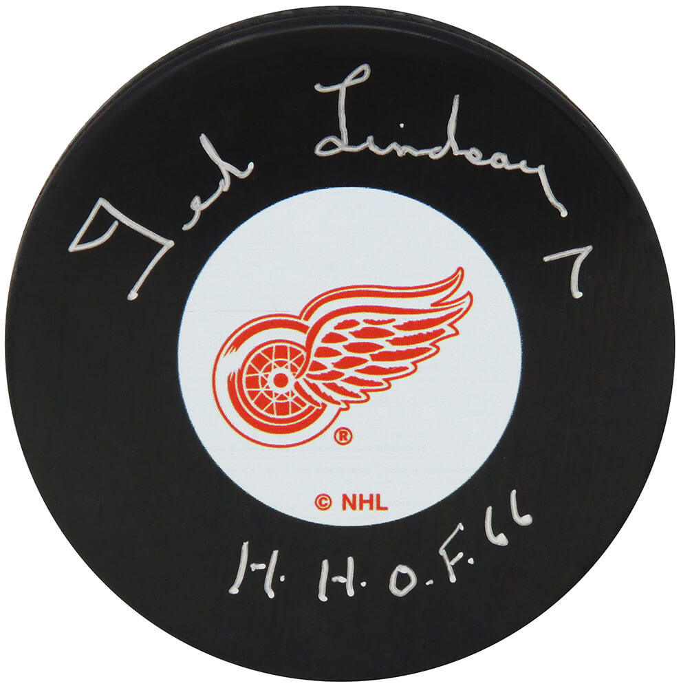 Ted Lindsay Signed Red Wings Logo Hockey Puck w/HHOF'66 - LINPUC403 - Ted Lindsay Signed Red Wings Logo Hockey Puck w/HHOF'66 product image