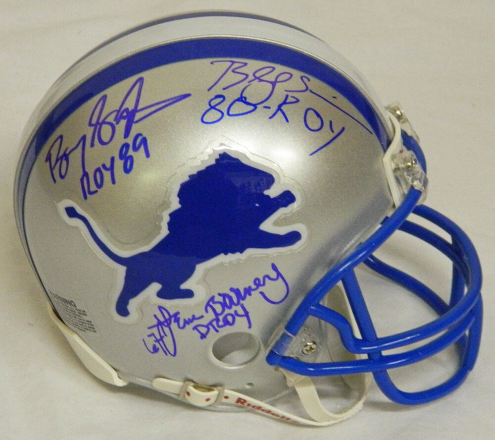 Barry Sanders, Lem Barney & Billy Sims Signed Lions Riddell Throwback Mini Helmet w/ROY 89, DROY 67, 80 ROY - LIOMIN301 - Barry Sanders, Lem Barney & Billy Sims Signed Lions Riddell Throwback Mini Helmet w/ROY 89, DROY 67, 80 ROY product image