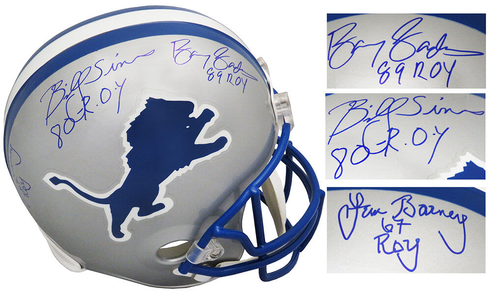 Barry Sanders, Lem Barney & Billy Sims Signed Detroit Lions Throwback Riddell Full Size Replica Helmet w/ROY Insc. - LIOREP300 - Barry Sanders, Lem Barney & Billy Sims Signed Detroit Lions Throwback Riddell Full Size Replica Helmet w/ROY Insc. product image