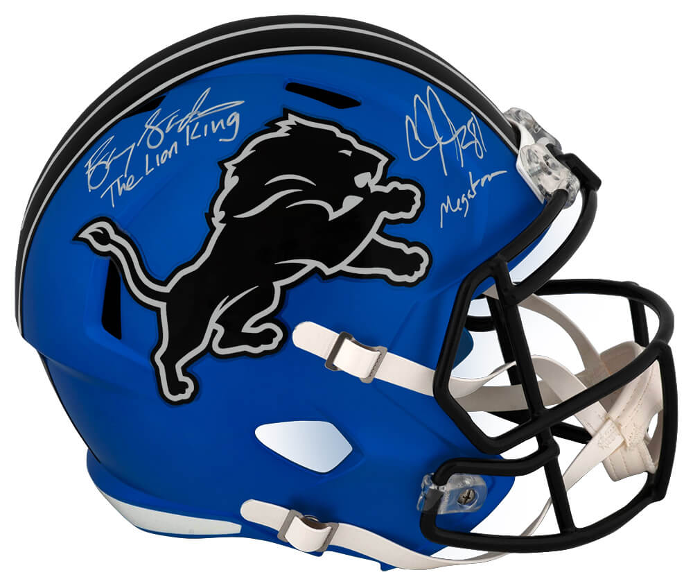 Barry Sanders & Calvin Johnson Signed Lions 2024 Alt Riddell Full Size Speed Replica Helmet w/Lion King & Megatron - LIOREP302 - Barry Sanders & Calvin Johnson Signed Lions 2024 Alt Riddell Full Size Speed Replica Helmet w/Lion King & Megatron product image