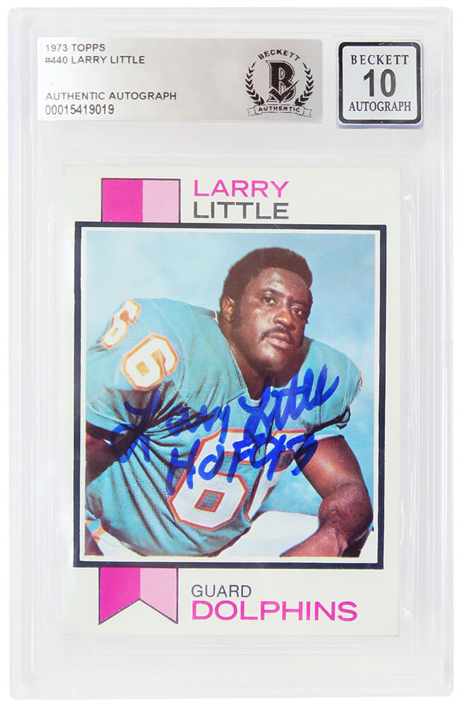 Larry Little Signed Miami Dolphins 1973 Topps Football Trading Card #440 w/HOF'93 - (Beckett - Auto Grade 10) - LITCAR300 - Larry Little Signed Miami Dolphins 1973 Topps Football Trading Card #440 w/HOF'93 - (Beckett - Auto Grade 10) product image