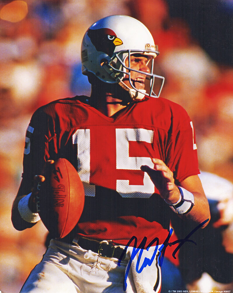 Neil Lomax Signed Cardinals Red Jersey Action 8x10 Photo (In Blue) - LOM08P300 - Neil Lomax Signed Cardinals Red Jersey Action 8x10 Photo (In Blue) product image