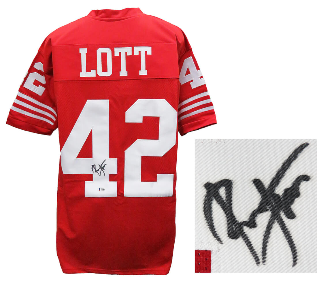 Ronnie Lott Signed Red Custom Football Jersey (Beckett) - LOTJRY300 - Ronnie Lott Signed Red Custom Football Jersey (Beckett) product image