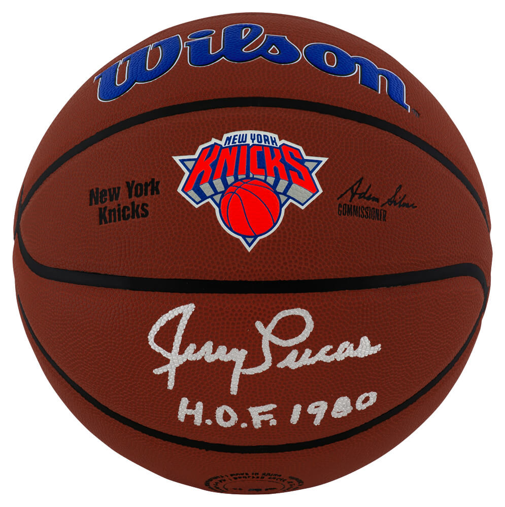 Jerry Lucas Signed New York Knicks Logo Wilson NBA Basketball w/HOF'80 - LUCBSK202 - Jerry Lucas Signed New York Knicks Logo Wilson NBA Basketball w/HOF'80 product image