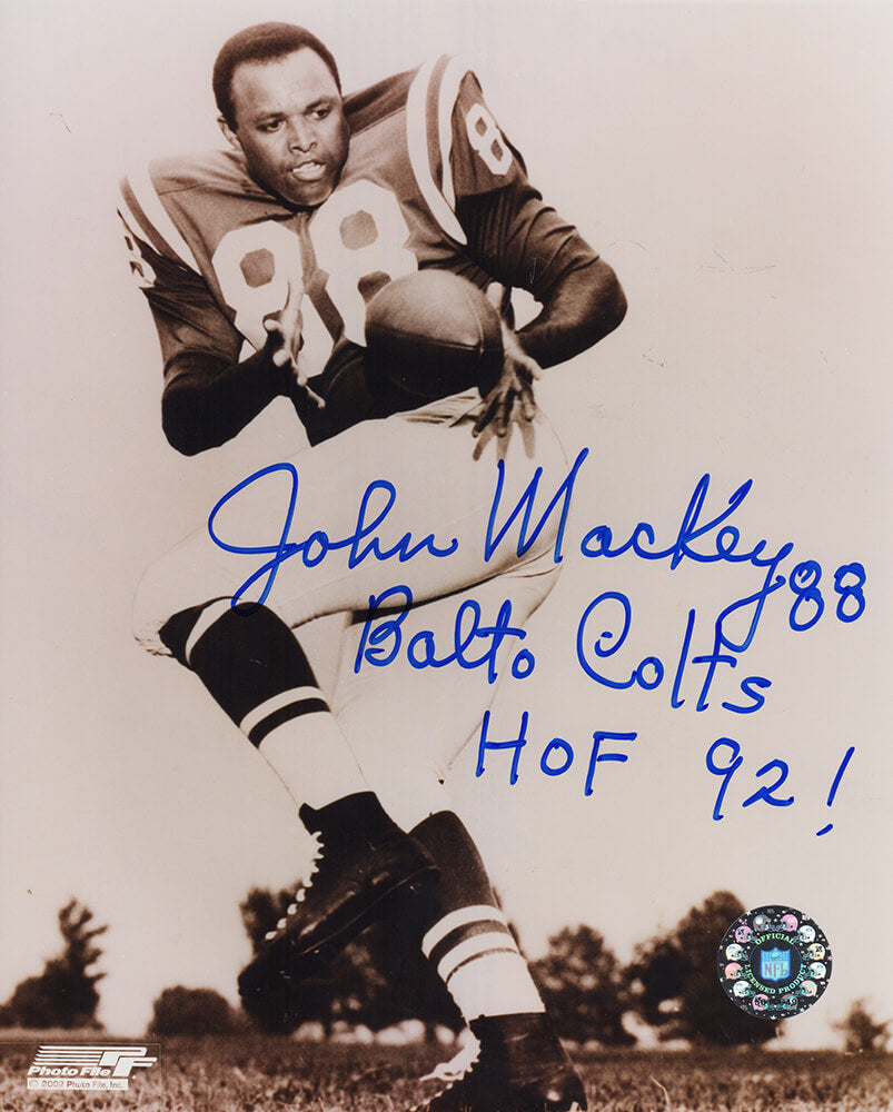 John Mackey Signed Colts B&W Catching Ball Pose 8x10 Photo w/Balto Colts, HOF'92 - MAC08P324 - John Mackey Signed Colts B&W Catching Ball Pose 8x10 Photo w/Balto Colts, HOF'92 product image