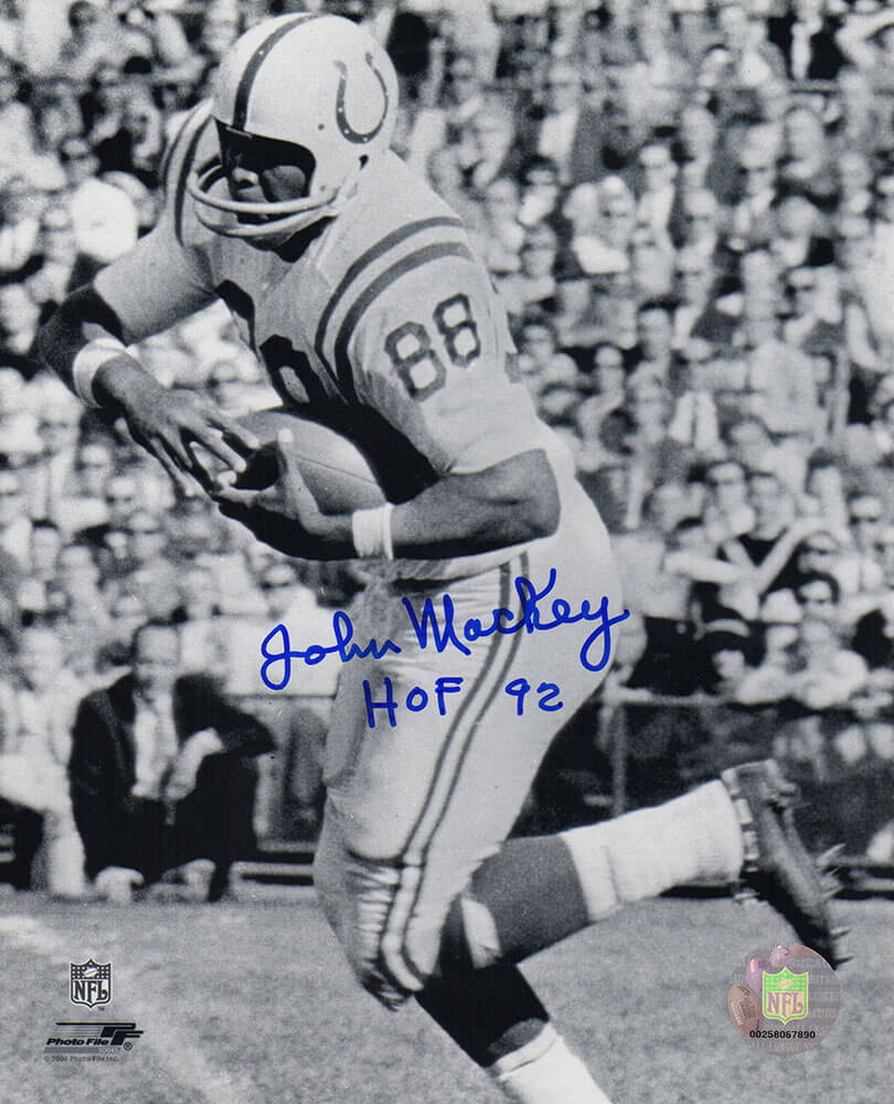 John Mackey Signed Colts B&W With Football 8x10 Photo w/HOF'92 - MAC08P332TW - John Mackey Signed Colts B&W With Football 8x10 Photo w/HOF'92 product image