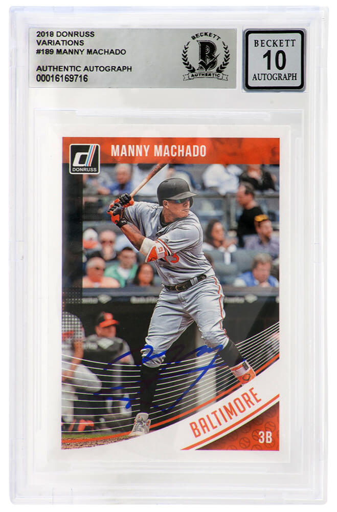 Manny Machado Signed Baltimore Orioles 2018 Donruss Variations Baseball Card #189  (Beckett / Auto Grade 10) - MACCAR100 - Manny Machado Signed Baltimore Orioles 2018 Donruss Variations Baseball Card #189  (Beckett / Auto Grade 10) product image