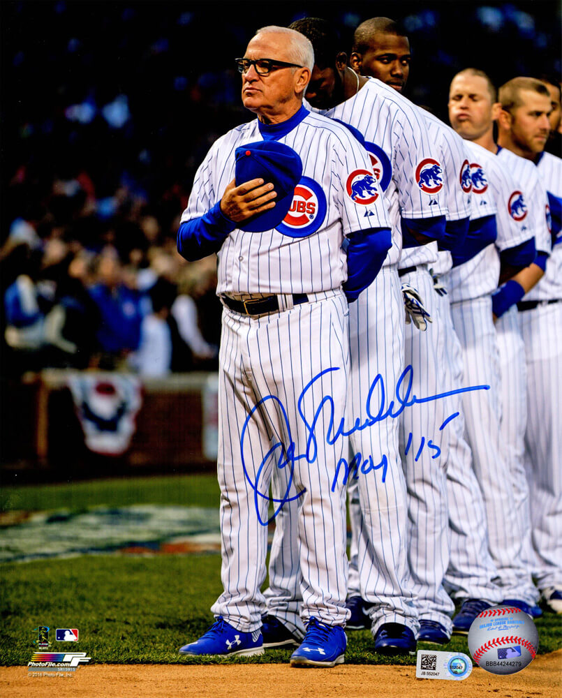 Joe Maddon Signed Chicago Cubs National Anthem 8x10 Photo w/MOY'15 - MAD08P116 - Joe Maddon Signed Chicago Cubs National Anthem 8x10 Photo w/MOY'15 product image