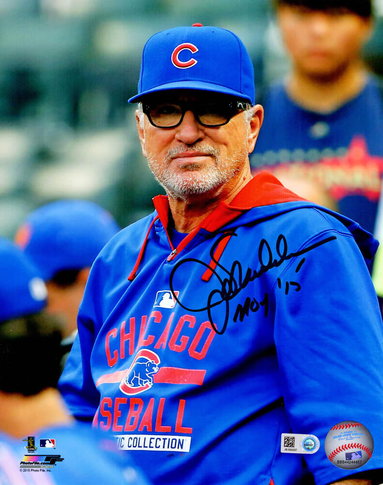 Joe Maddon Signed Chicago Cubs Wearing Blue Manager Hoodie 8x10 Photo w/MOY'15 - MAD08P117 - Joe Maddon Signed Chicago Cubs Wearing Blue Manager Hoodie 8x10 Photo w/MOY'15 product image