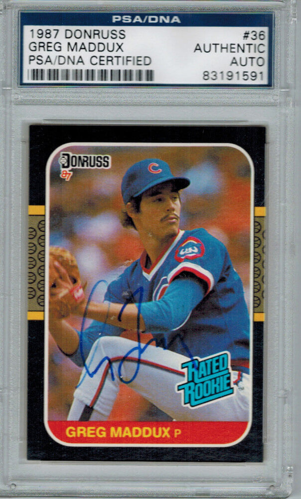 Greg Maddux Signed 1987 Donruss Cubs Rookie Card #36 - PSA/DNA - MADCAR100 - Greg Maddux Signed 1987 Donruss Cubs Rookie Card #36 - PSA/DNA product image