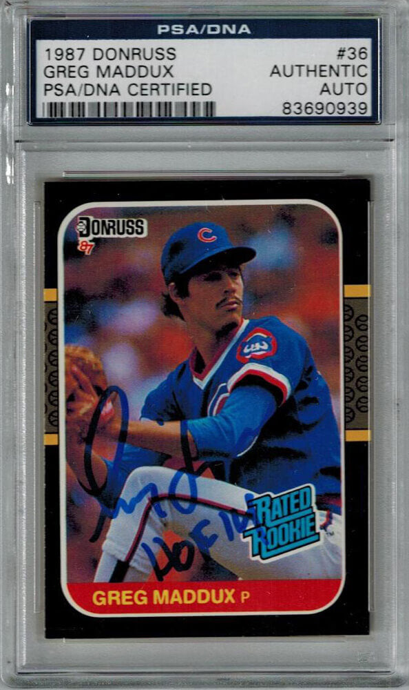 Greg Maddux Signed Chicago Cubs 1987 Donruss Rookie Card #36 w/HOF 14 - PSA - MADCAR102 - Greg Maddux Signed Chicago Cubs 1987 Donruss Rookie Card #36 w/HOF 14 - PSA product image