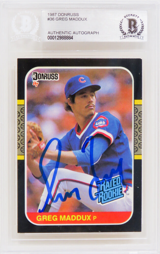 Greg Maddux Signed Chicago Cubs 1987 Donruss Rated Rookie Card #36 - (Beckett Encapsulated) - MADCAR104 - Greg Maddux Signed Chicago Cubs 1987 Donruss Rated Rookie Card #36 - (Beckett Encapsulated) product image