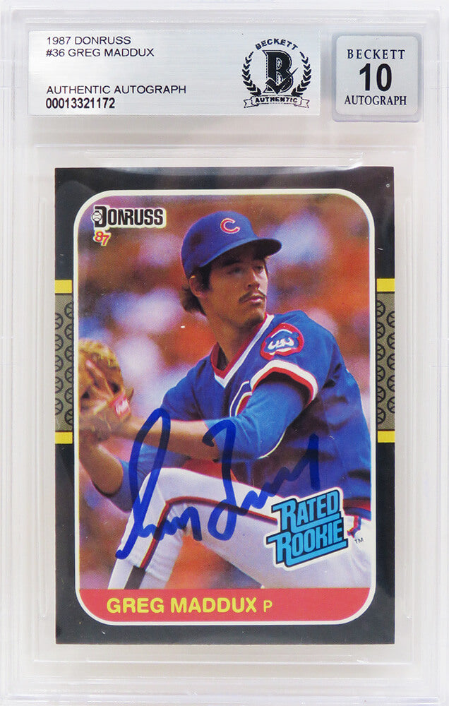 Greg Maddux Signed Chicago Cubs 1987 Donruss Rated Rookie Card #36 - (Beckett Encapsulated / Auto Grade 10)) - MADCAR105 - Greg Maddux Signed Chicago Cubs 1987 Donruss Rated Rookie Card #36 - (Beckett Encapsulated / Auto Grade 10)) product image