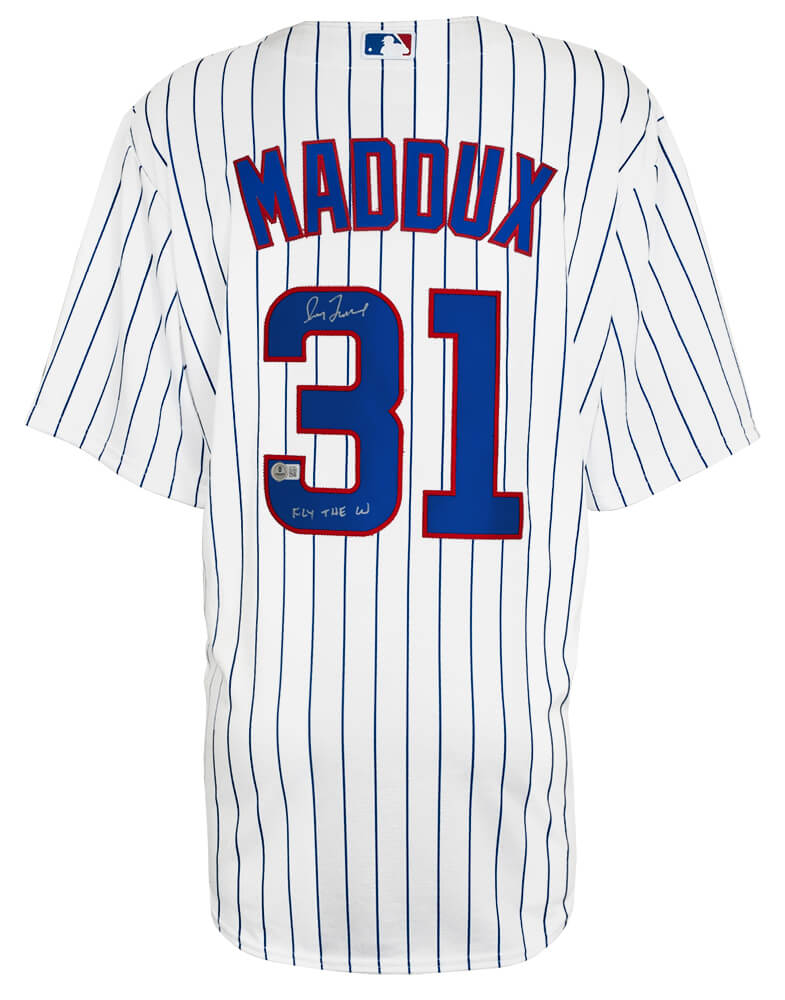 Greg Maddux Signed Chicago Cubs White Pinstripe Majestic Replica Baseball Jersey w/Fly The W - (Beckett) - MADJRY102 - Greg Maddux Signed Chicago Cubs White Pinstripe Majestic Replica Baseball Jersey w/Fly The W - (Beckett) product image