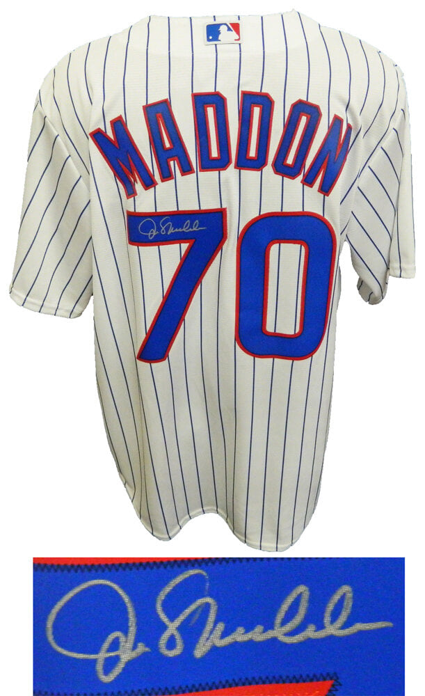 Joe Maddon Signed Chicago Cubs Majestic Replica White Pinstripe Jersey - MADJRY110 - Joe Maddon Signed Chicago Cubs Majestic Replica White Pinstripe Jersey product image