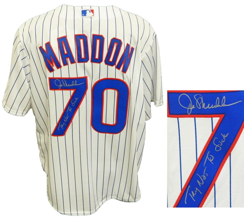 Joe Maddon Signed Chicago Cubs Majestic Replica White Pinstripe Jersey w/Try Not To Suck - MADJRY111 - Joe Maddon Signed Chicago Cubs Majestic Replica White Pinstripe Jersey w/Try Not To Suck product image
