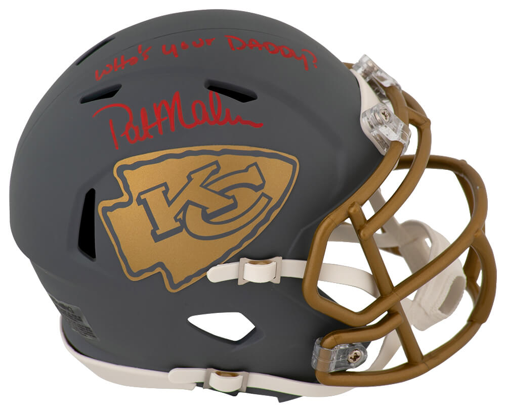 Pat (Patrick) Mahomes Sr. Signed Kansas City Chiefs SLATE Riddell Speed Mini Helmet w/Who's Your Daddy? - MAHMIN331 - Pat (Patrick) Mahomes Sr. Signed Kansas City Chiefs SLATE Riddell Speed Mini Helmet w/Who's Your Daddy? product image